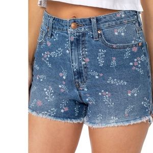 Celebrity Pino Hi Rise Floral Printed Denim Jean Shorts with Frayed Hem
